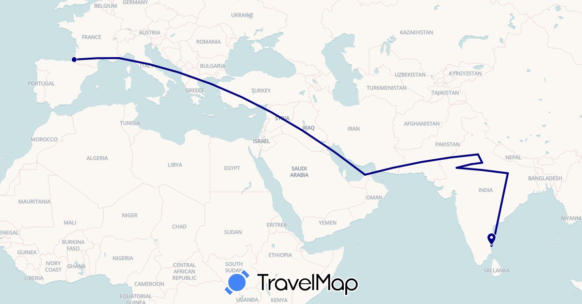 TravelMap itinerary: driving in United Arab Emirates, France, India (Asia, Europe)